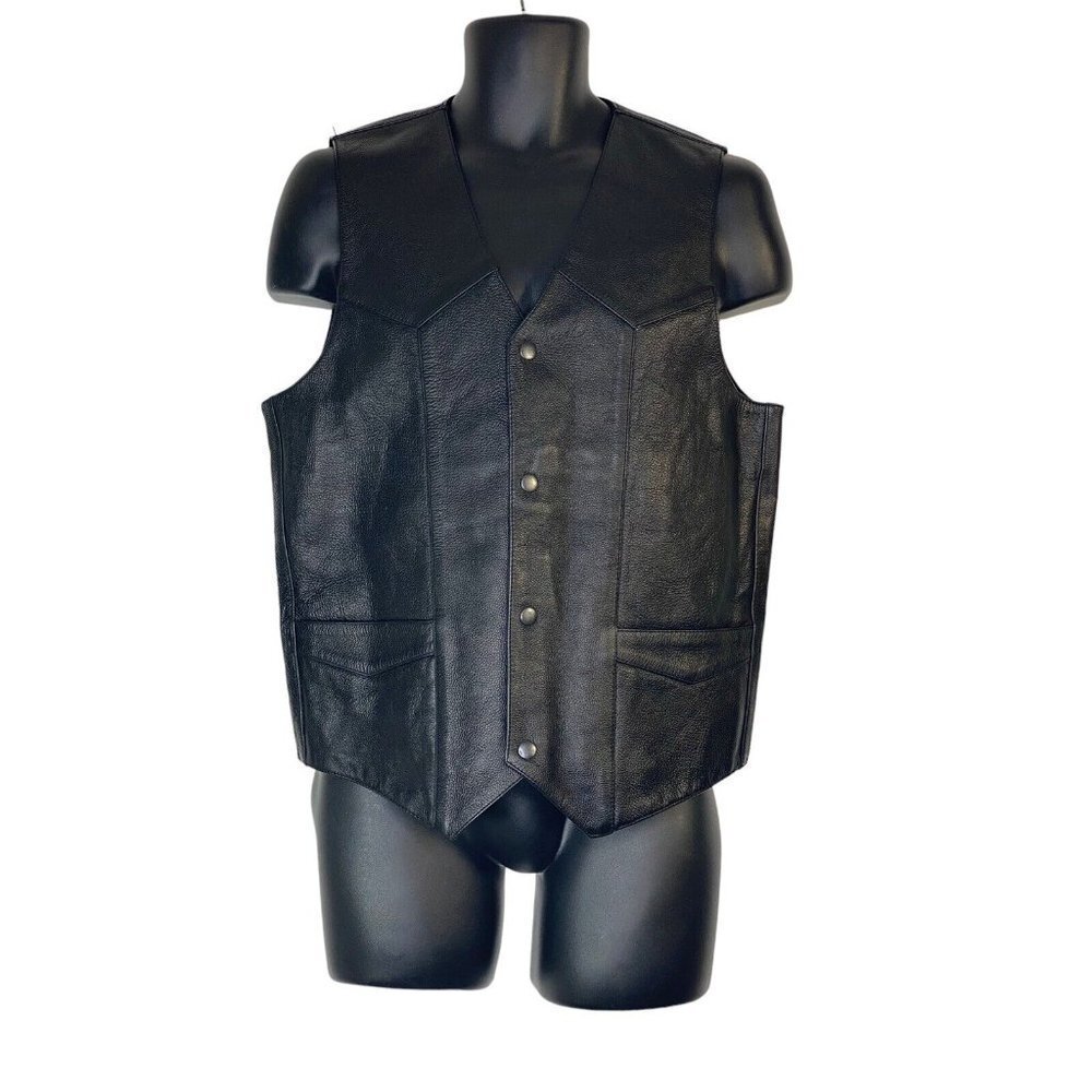 FMC Vintage Mens Black‎ Leather Biker Vest Snaps Carry Pockets Size 38